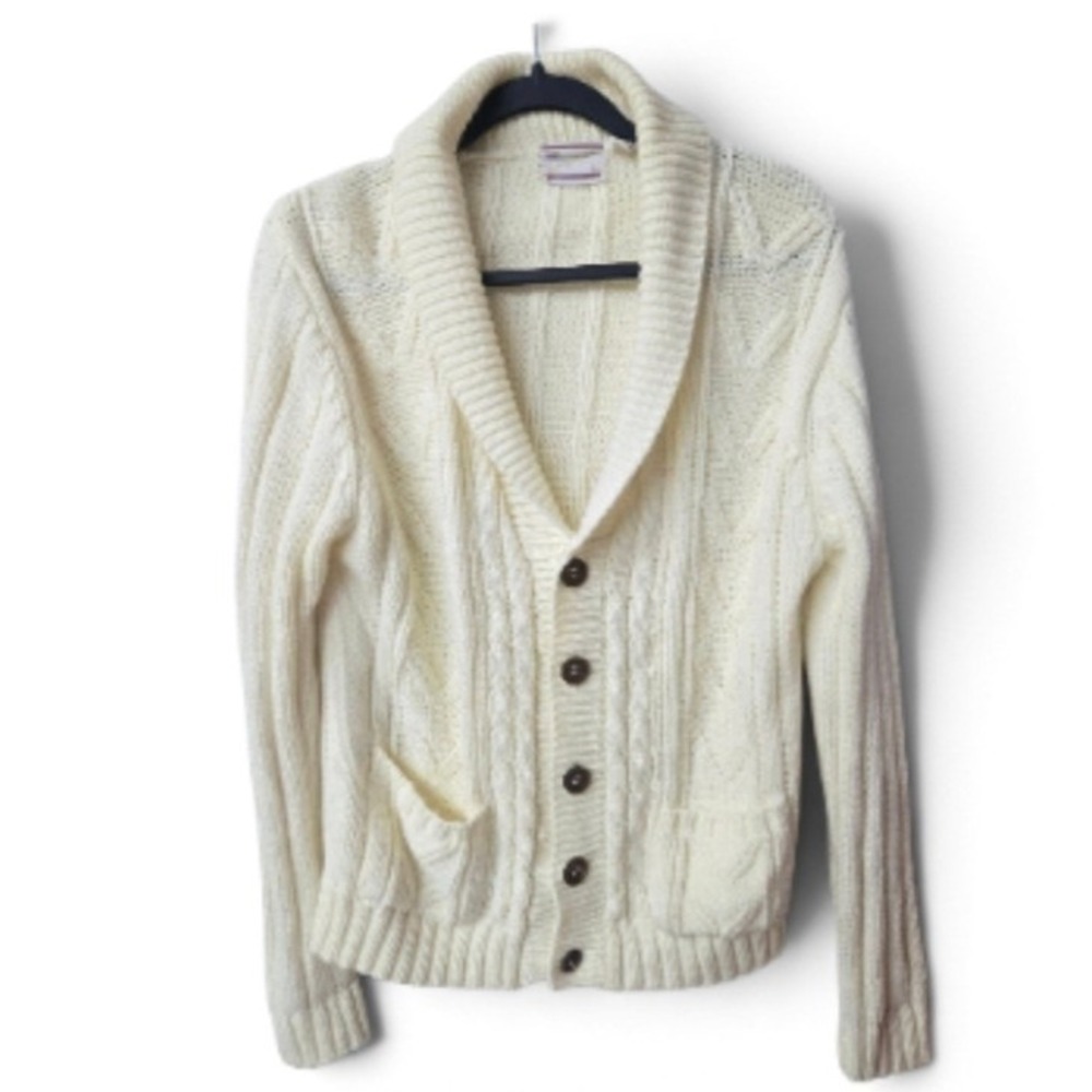 Vintage Sears Mens Sportswear Cream Cable Knit Shawl Collar Cardigan Sweater L